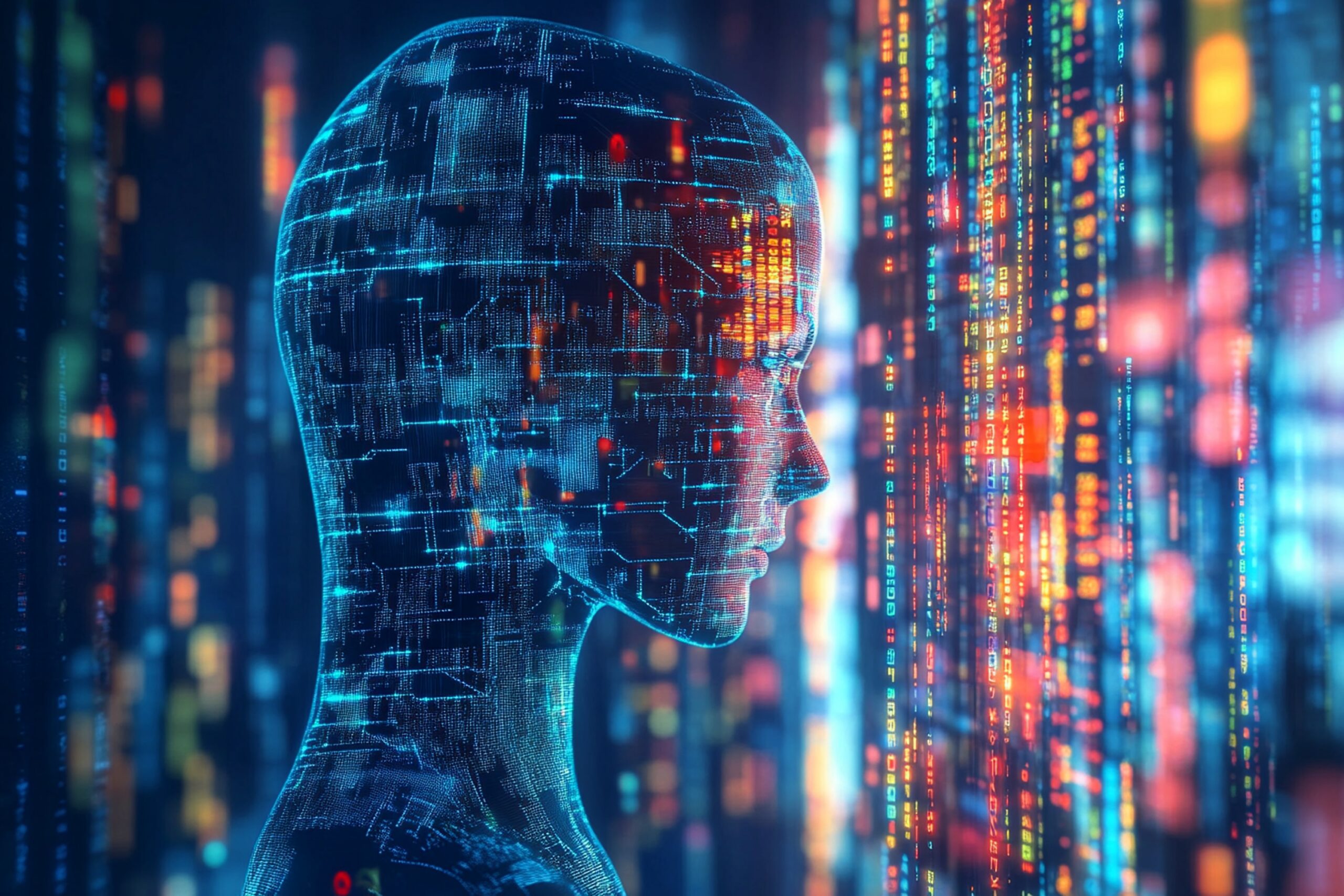 Recommended: Digital human profile made of glowing circuit lines facing streams of data, representing AI governance and risk management